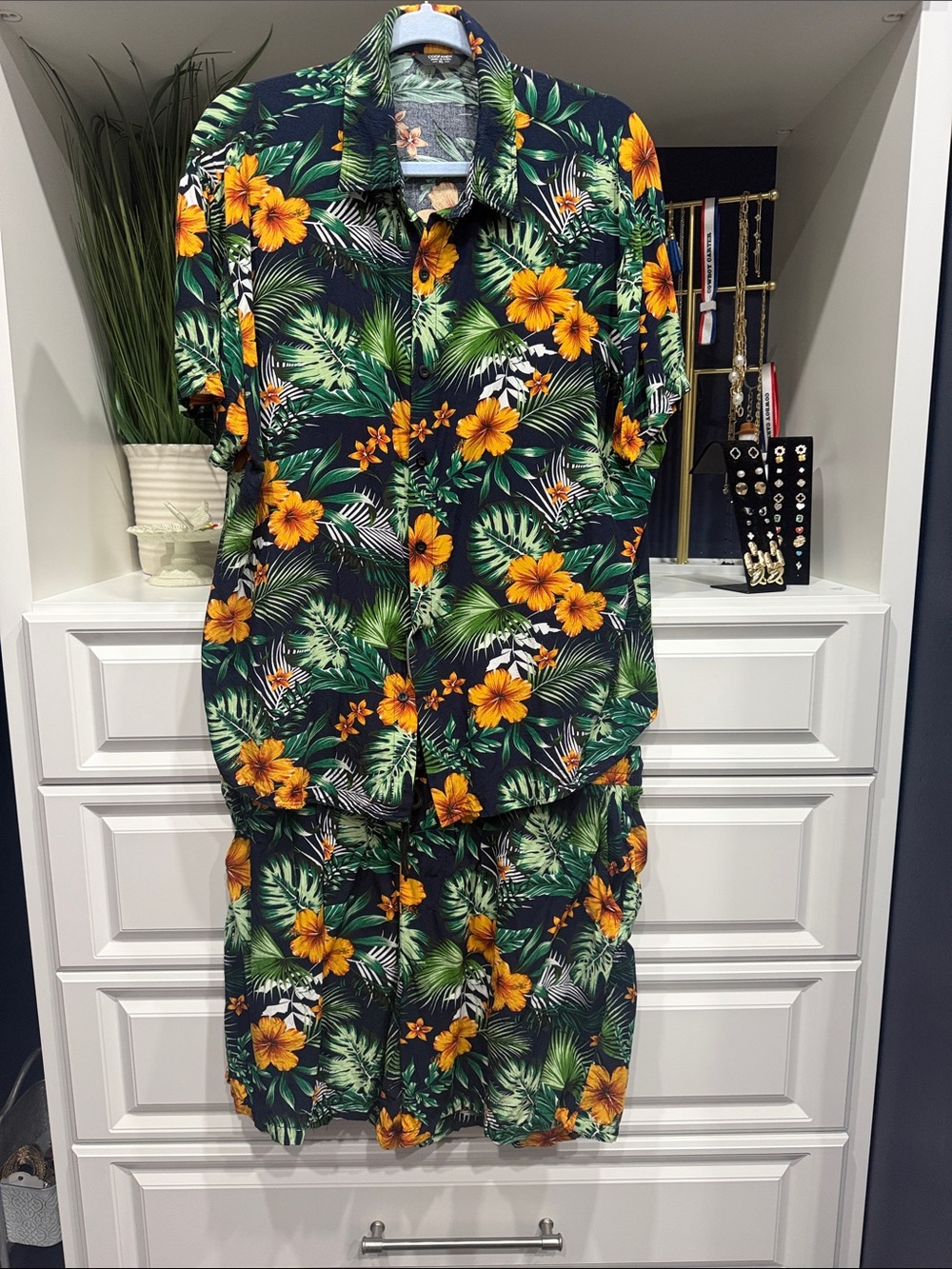 COOFANDY MENS Sz Tropical Floral Button up shirt and Shorts in Navy/Yellow SZ XL